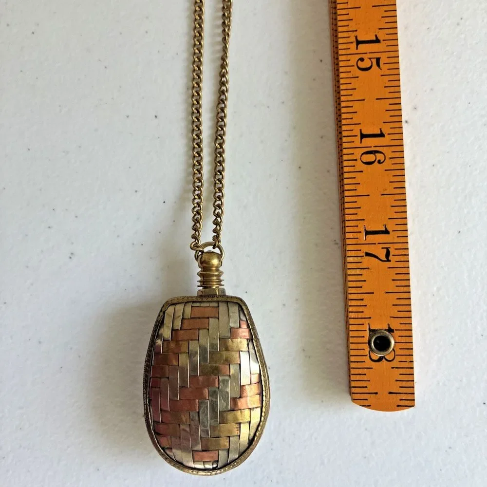 Vintage Perfume Bottle Necklace Pendant Chatelaine Woven Mixed Metal Flask 1.6oz